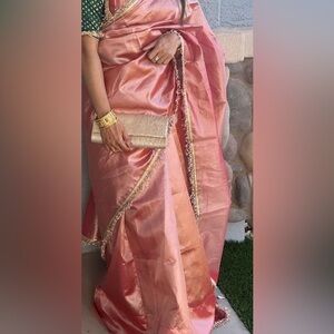 Rose pink organza Saree with gold blouse